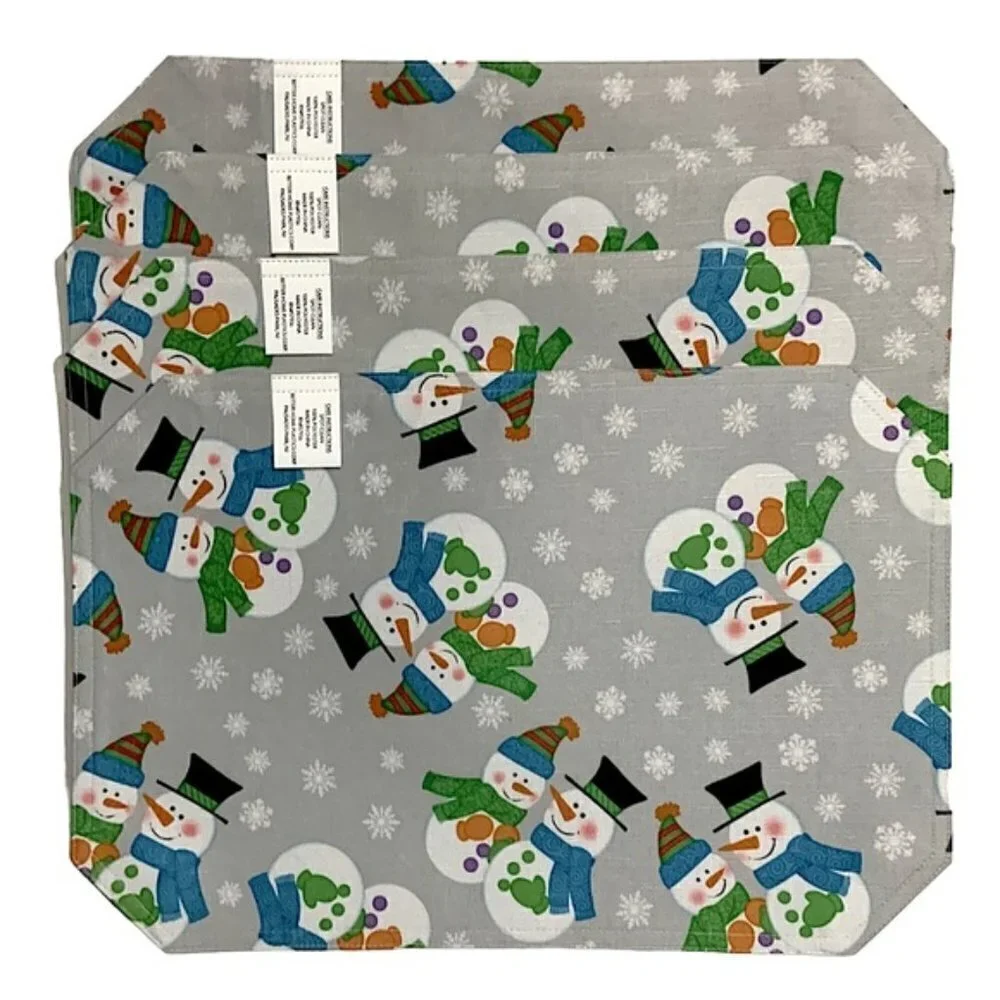 Winter Linen Print Fabric Placemats Snowman Reversible Grey Multi 12 X 18 in